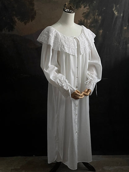 A Baroque to Victorian era historically inspired white cotton chemise dress with large crochet lace collar and bishop sleeves