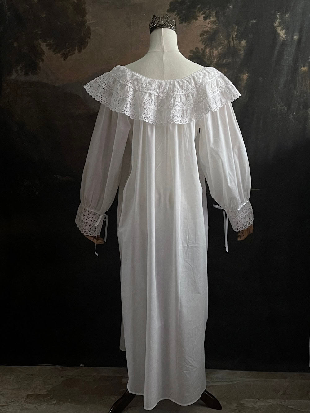 A Baroque to Victorian era historically inspired white cotton chemise dress with large crochet lace collar and bishop sleeves
