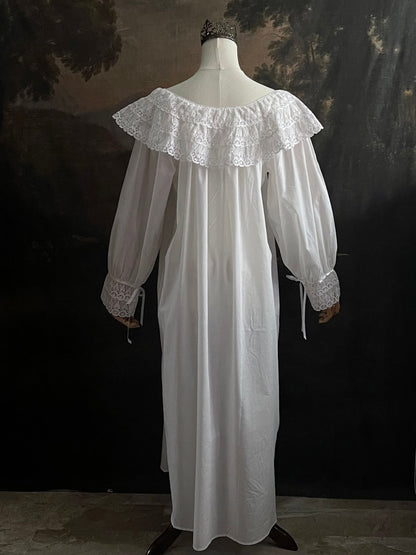 A Baroque to Victorian era historically inspired white cotton chemise dress with large crochet lace collar and bishop sleeves
