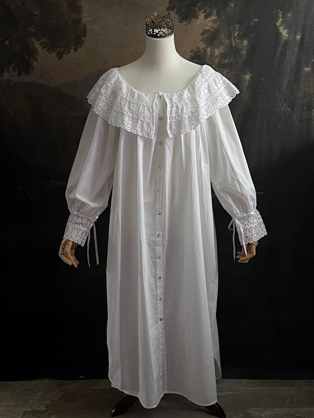 A Baroque to Victorian era historically inspired white cotton chemise dress with large crochet lace collar and bishop sleeves