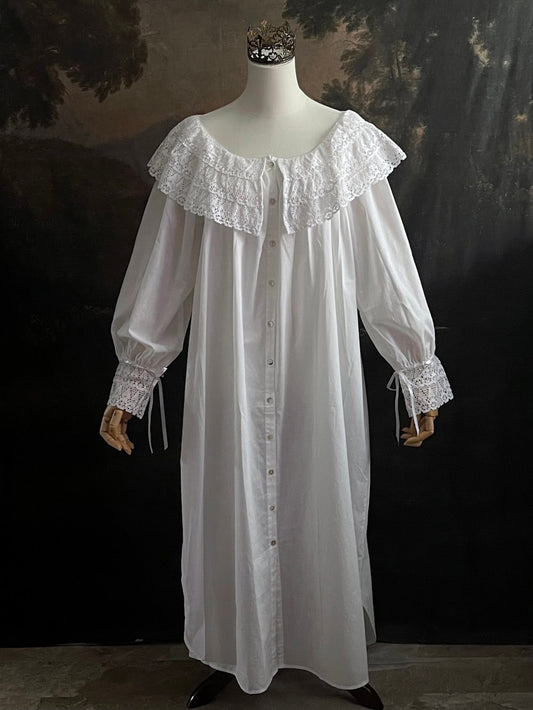 A Baroque to Victorian era historically inspired white cotton chemise dress with large crochet lace collar and bishop sleeves