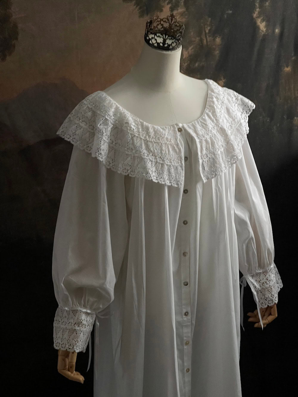 A Baroque to Victorian era historically inspired white cotton chemise dress with large crochet lace collar and bishop sleeves