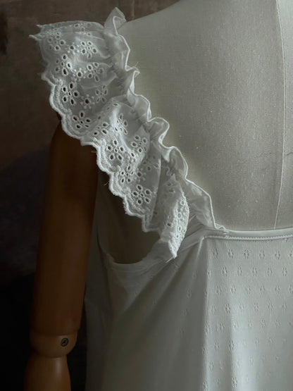 White Edwardian-inspired vintage style lace dress on a mannequin against a dark, forest-like art history background