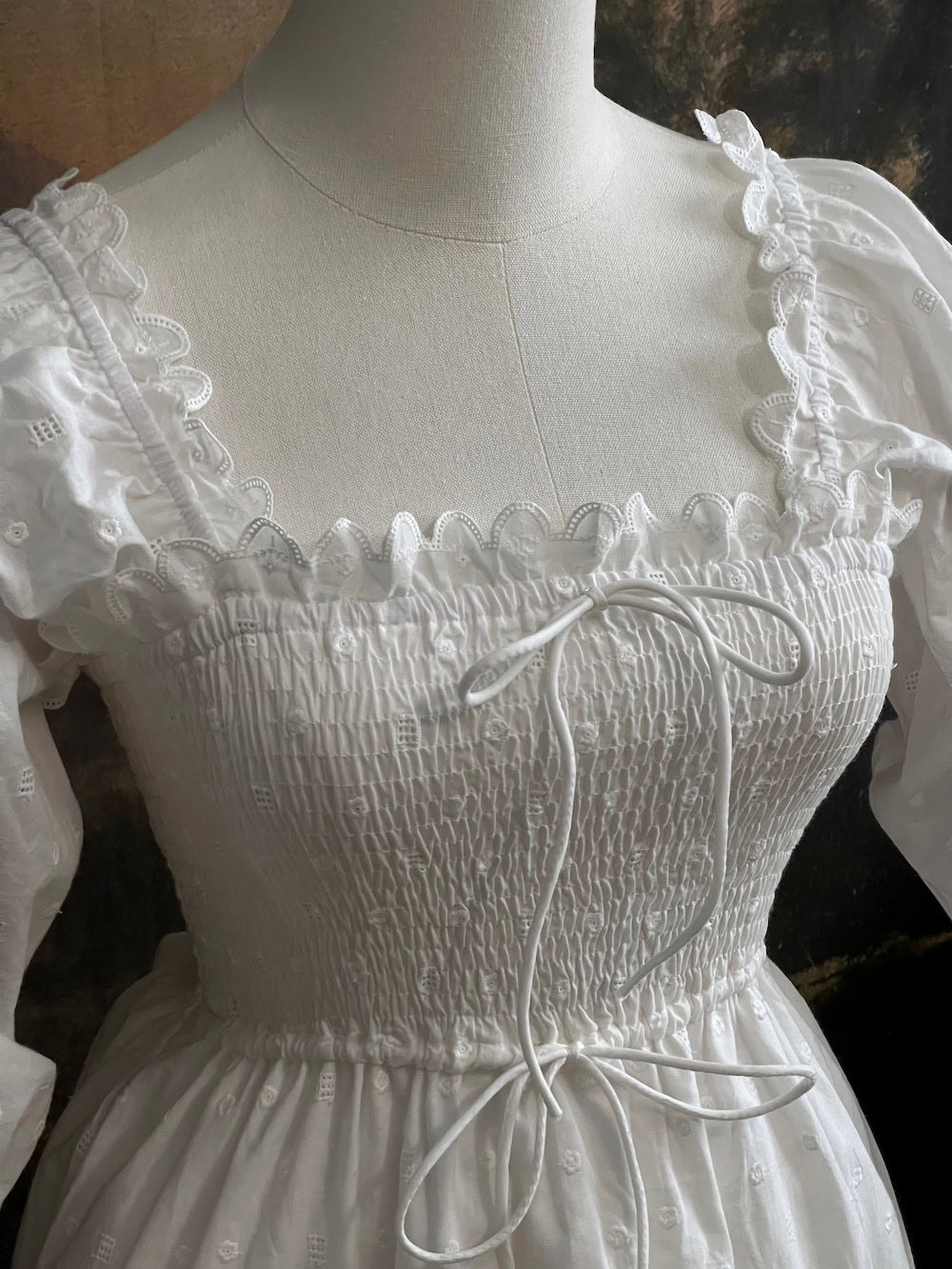 Historical fashion inspired Regency to Edwardian Era Mutton/Gigot Sleeve Smocked Chemise Dress in White Embroidered Cotton