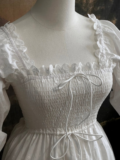 Historical fashion inspired Regency to Edwardian Era Mutton/Gigot Sleeve Smocked Chemise Dress in White Embroidered Cotton