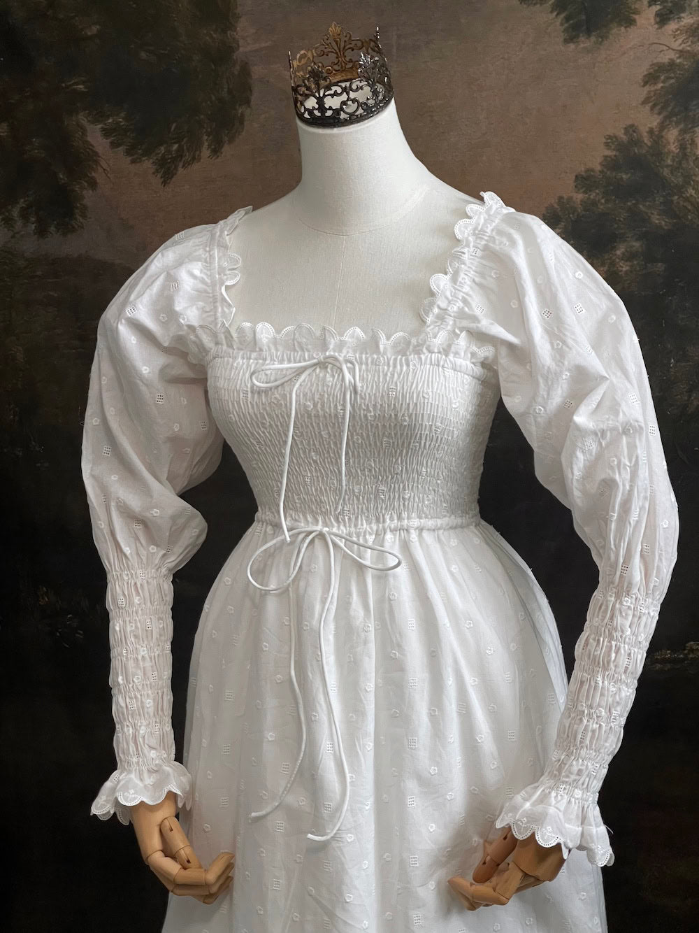 Historical fashion inspired Regency to Edwardian Era Mutton/Gigot Sleeve Smocked Chemise Dress in White Embroidered Cotton