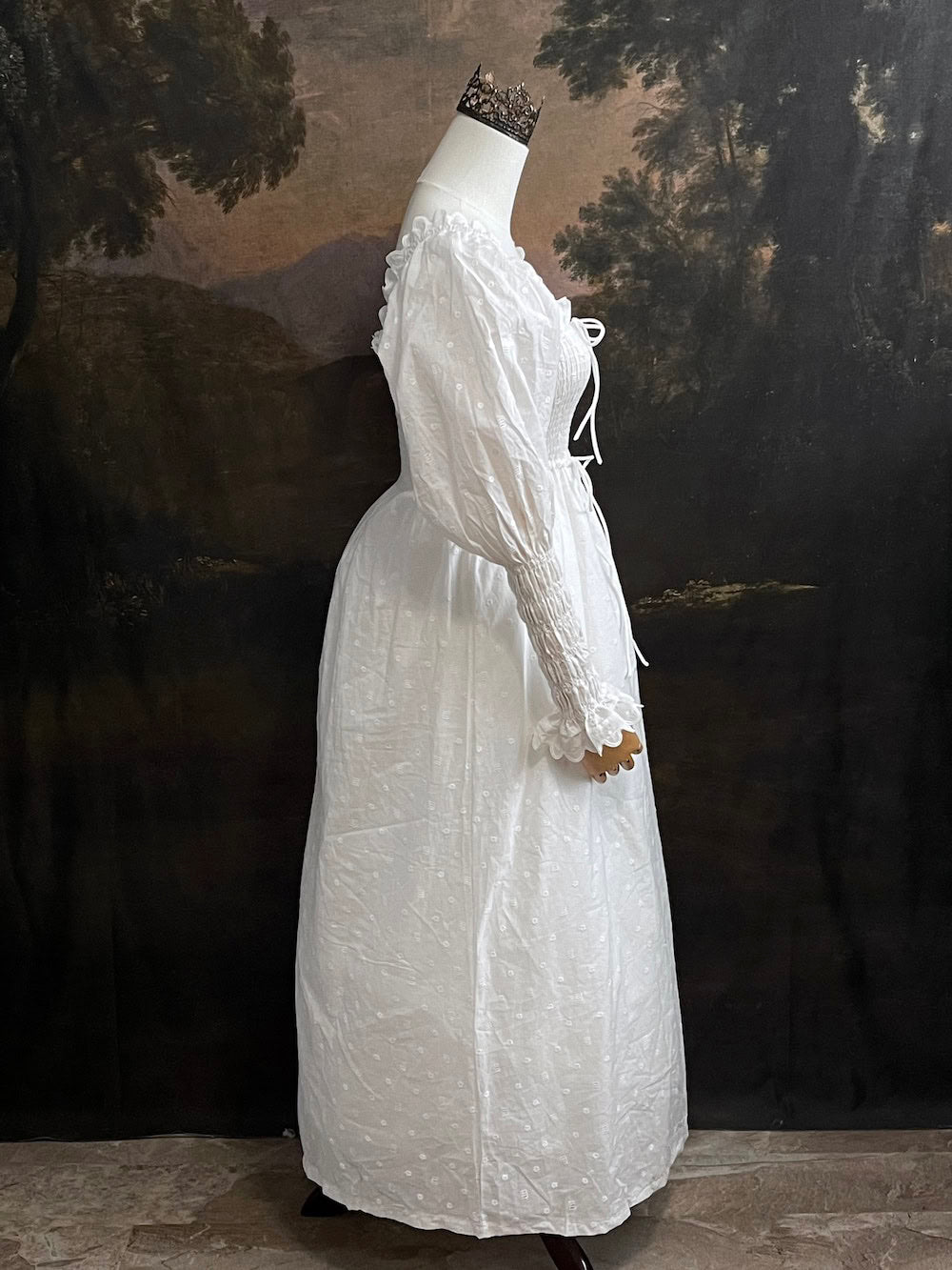 Historical fashion inspired Regency to Edwardian Era Mutton/Gigot Sleeve Smocked Chemise Dress in White Embroidered Cotton