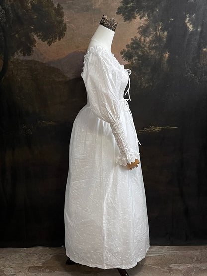 Historical fashion inspired Regency to Edwardian Era Mutton/Gigot Sleeve Smocked Chemise Dress in White Embroidered Cotton