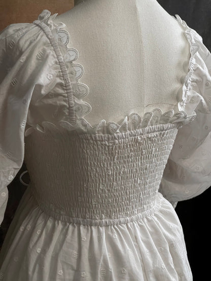 Historical fashion inspired Regency to Edwardian Era Mutton/Gigot Sleeve Smocked Chemise Dress in White Embroidered Cotton