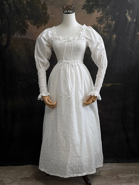 Historical fashion inspired Regency to Edwardian Era Mutton/Gigot Sleeve Smocked Chemise Dress in White Embroidered Cotton