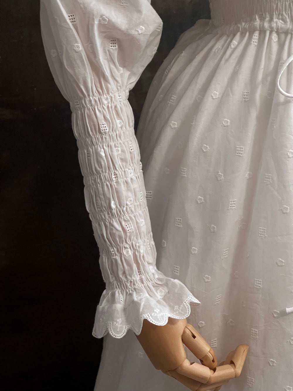 Historical fashion inspired Regency to Edwardian Era Mutton/Gigot Sleeve Smocked Chemise Dress in White Embroidered Cotton