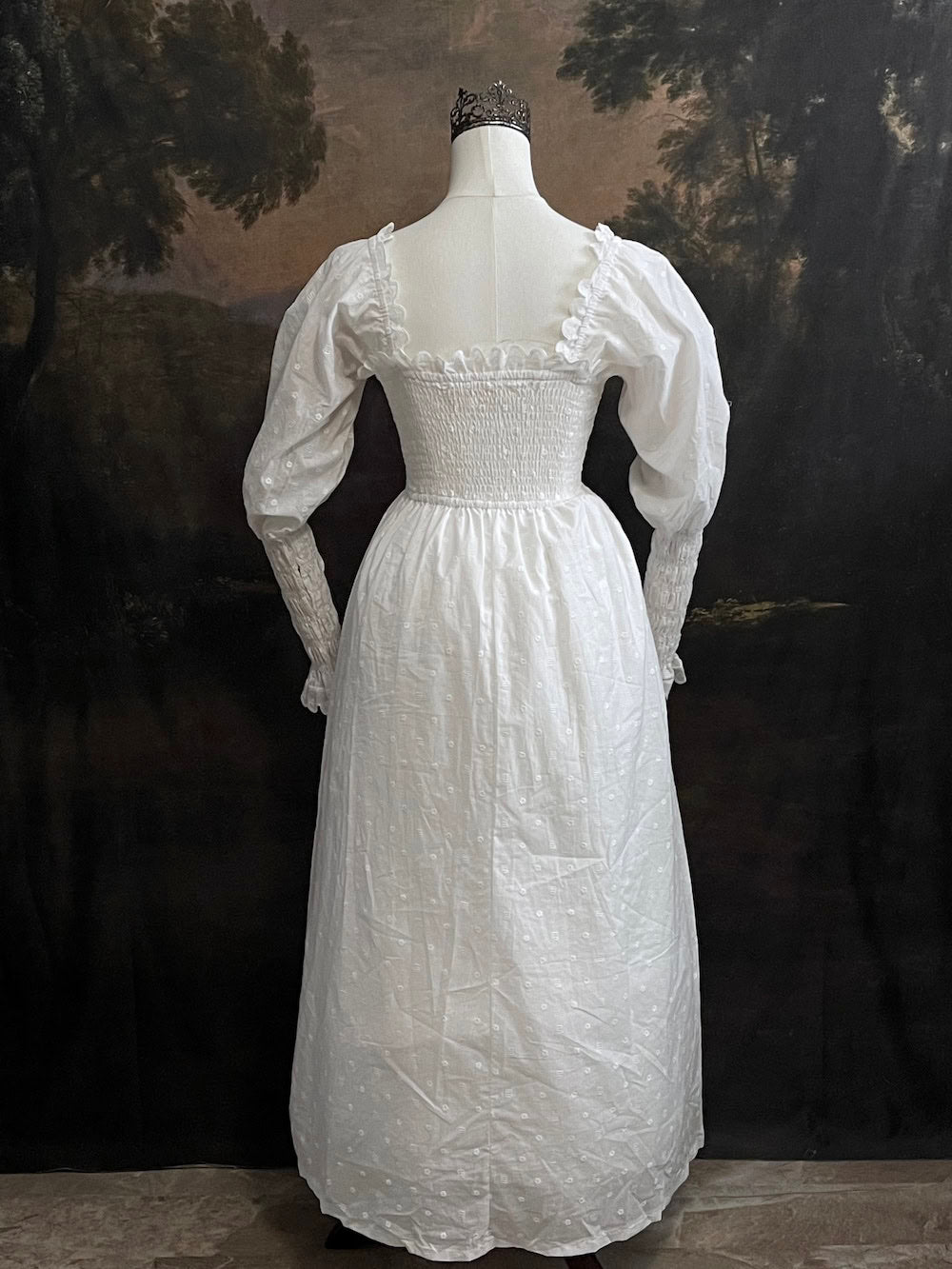 Historical fashion inspired Regency to Edwardian Era Mutton/Gigot Sleeve Smocked Chemise Dress in White Embroidered Cotton
