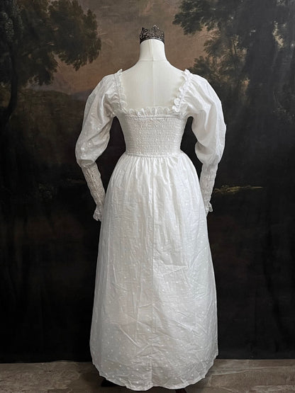 Historical fashion inspired Regency to Edwardian Era Mutton/Gigot Sleeve Smocked Chemise Dress in White Embroidered Cotton