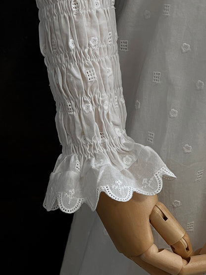 Historical fashion inspired Regency to Edwardian Era Mutton/Gigot Sleeve Smocked Chemise Dress in White Embroidered Cotton