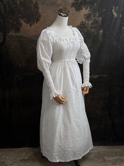 Historical fashion inspired Regency to Edwardian Era Mutton/Gigot Sleeve Smocked Chemise Dress in White Embroidered Cotton