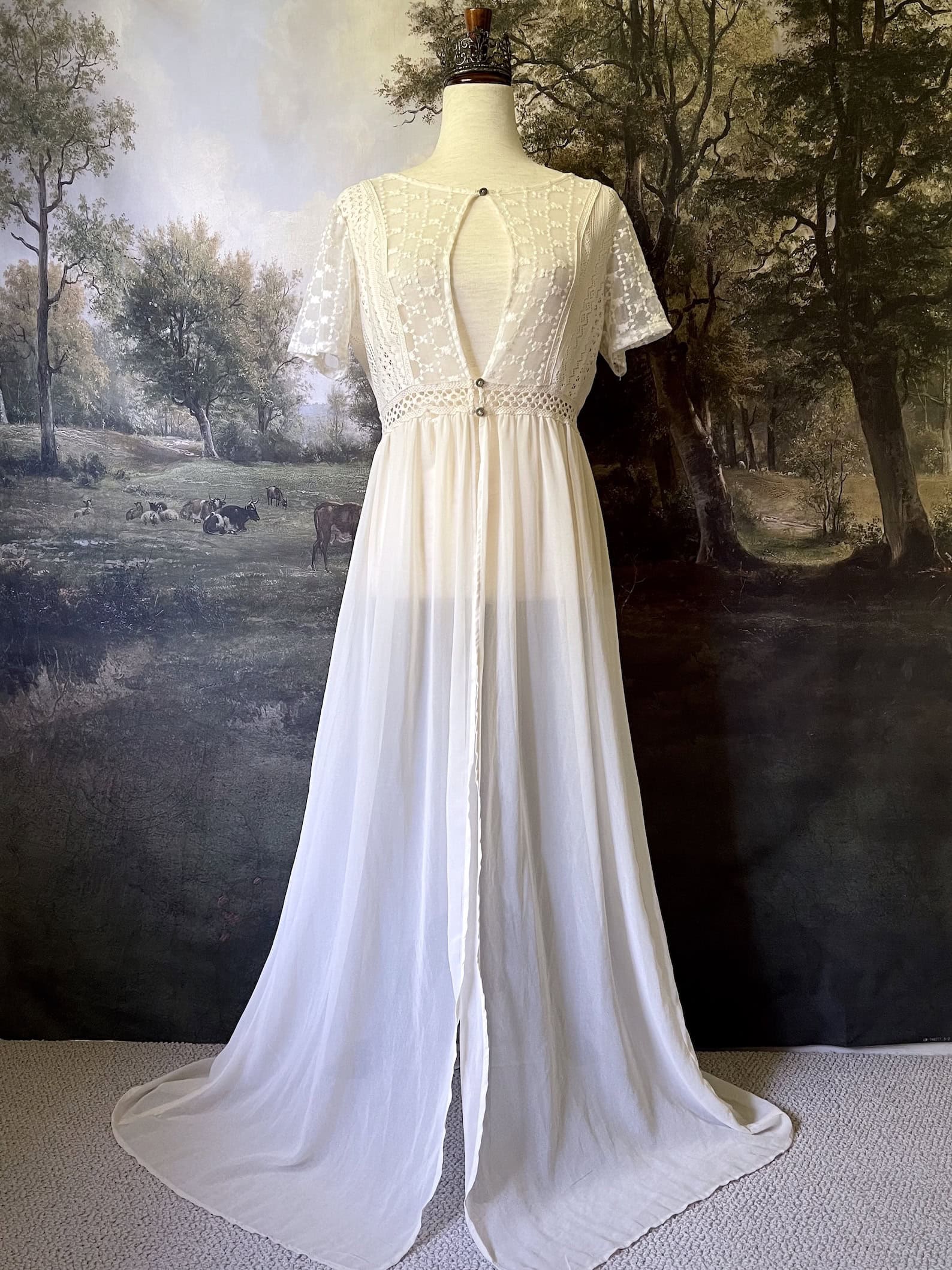 A historically inspired Edwardian era Ivory maxi Overdress with Floral Lace Details is pictured on a mannequin in front of an art history backdrop.