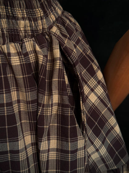 A close up of the pocket and tartan fabric