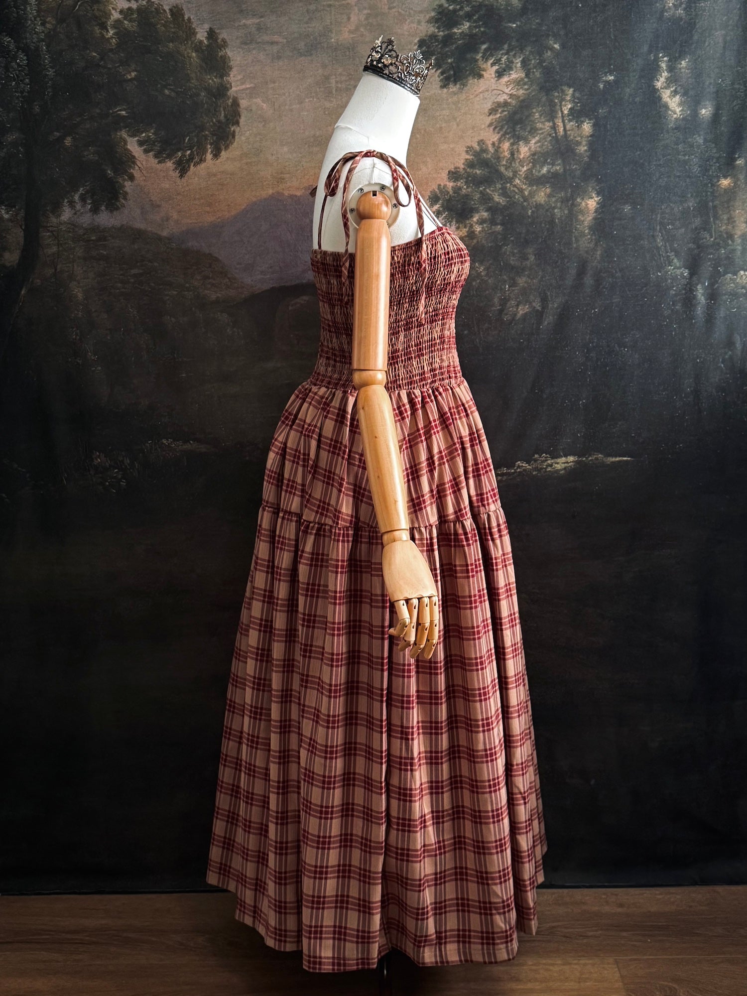 Historically Inspired Tartan Plaid Tiered Dress in Tan x Burgundy