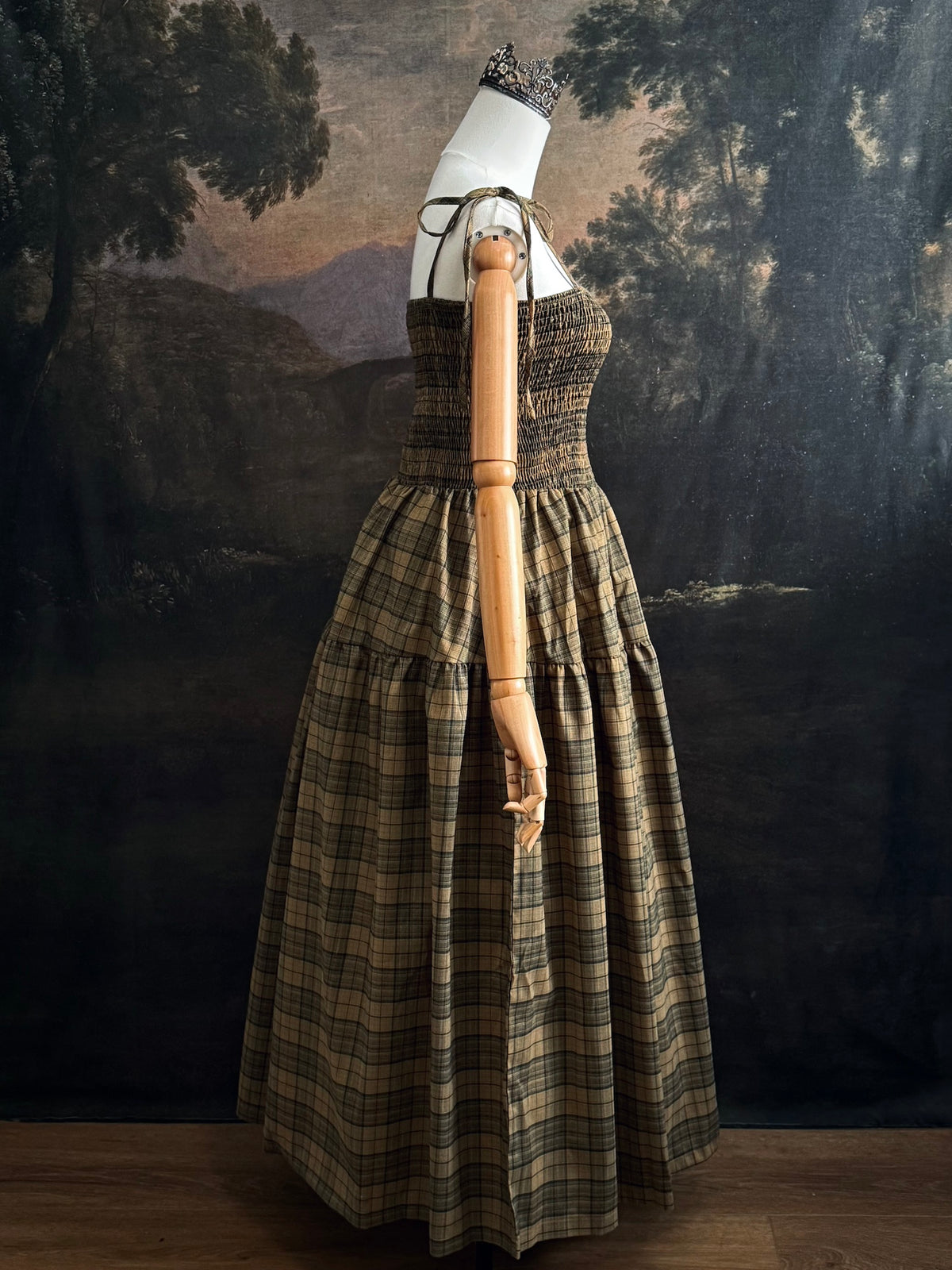Historically Inspired Tartan Plaid Tiered Dress in Olive Green