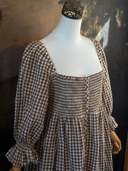 A vintage-inspired autumnal brown and white gingham check print long-sleeve mini dress with shirring and button-front, displayed on a mannequin against a dark classical landscape painting backdrop.