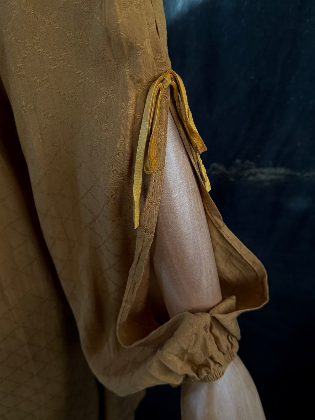 Sleeve detail with ribbon tie bow closing the slashed sleeve.