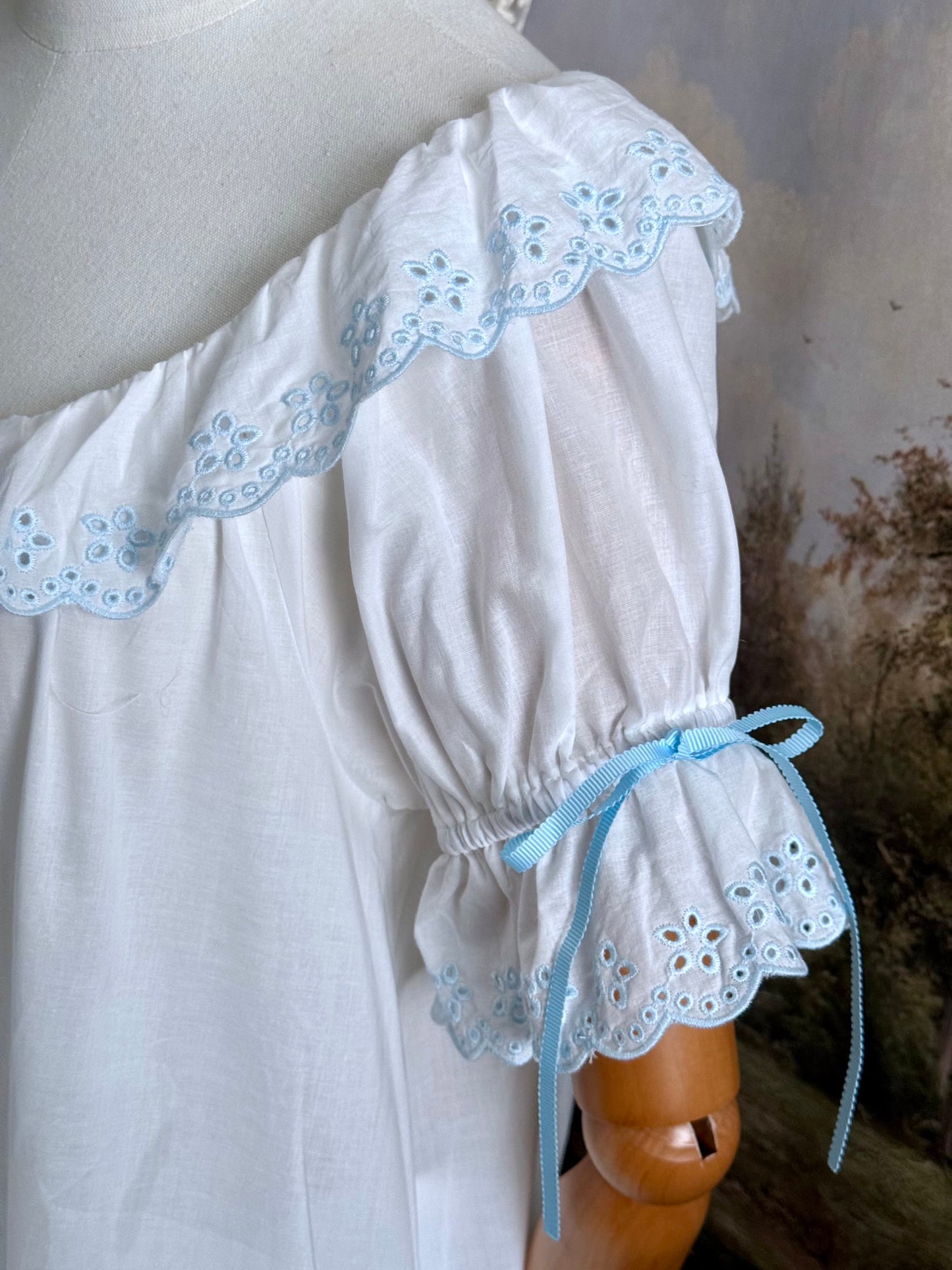 Historically Inspired vintage style Brushed Cotton Chemise Mini babydoll Dress with button up front, White x Light Blue scalloped floral embroidered Lace Trim, ruffle hem, and ruffle collar.