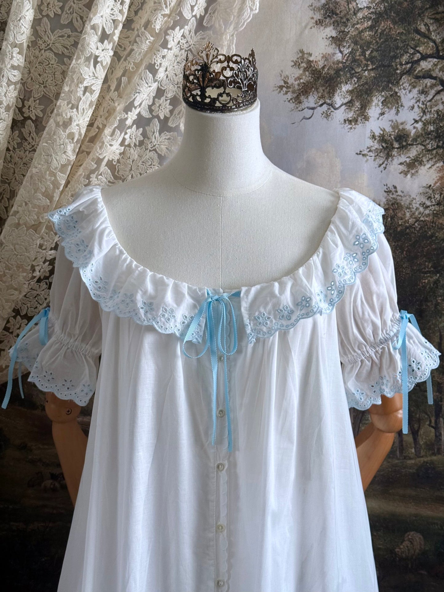 Historically Inspired vintage style Brushed Cotton Chemise Mini babydoll Dress with button up front, White x Light Blue scalloped floral embroidered Lace Trim, ruffle hem, and ruffle collar.