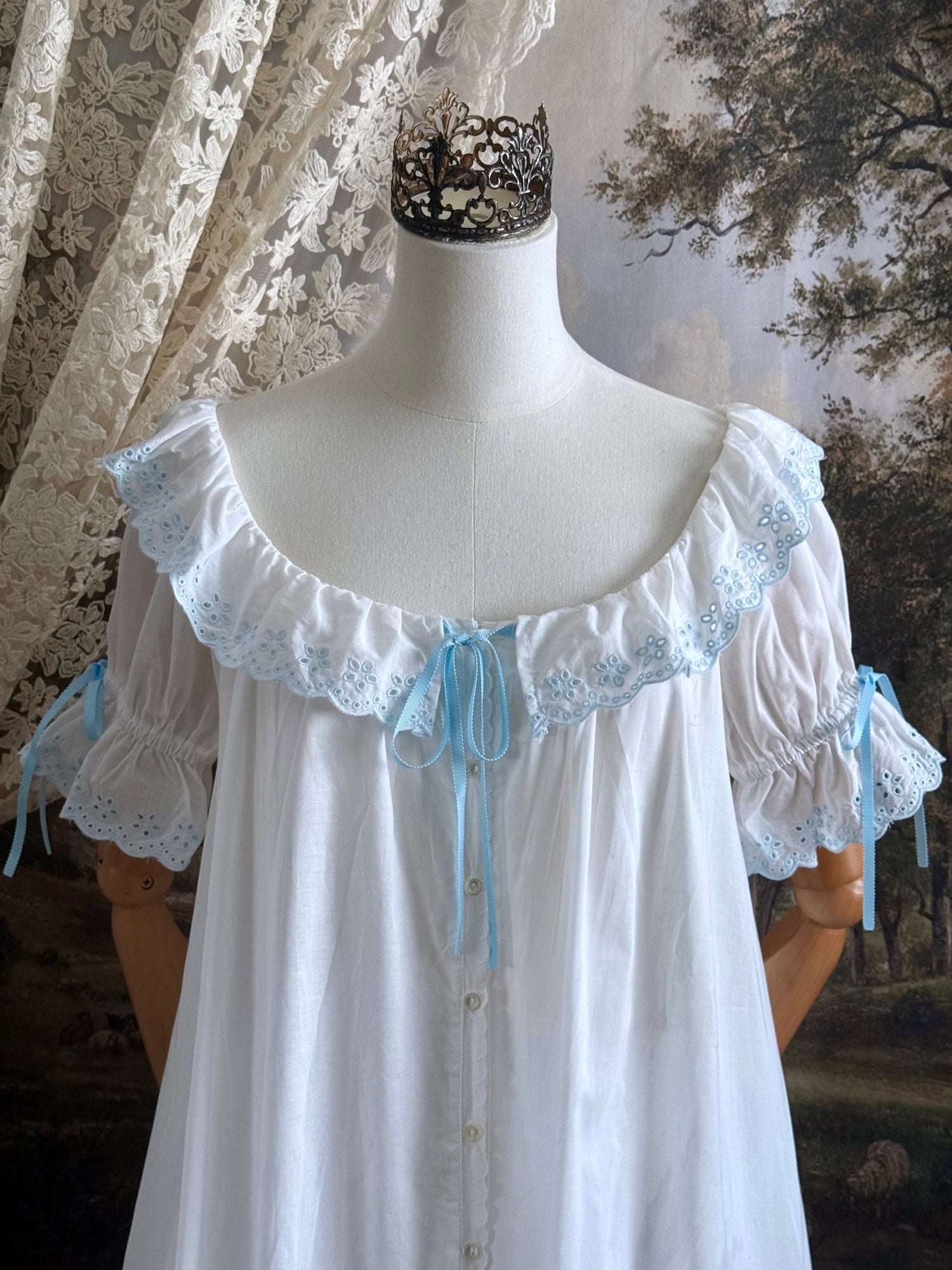 Historically Inspired vintage style Brushed Cotton Chemise Mini babydoll Dress with button up front, White x Light Blue scalloped floral embroidered Lace Trim, ruffle hem, and ruffle collar.