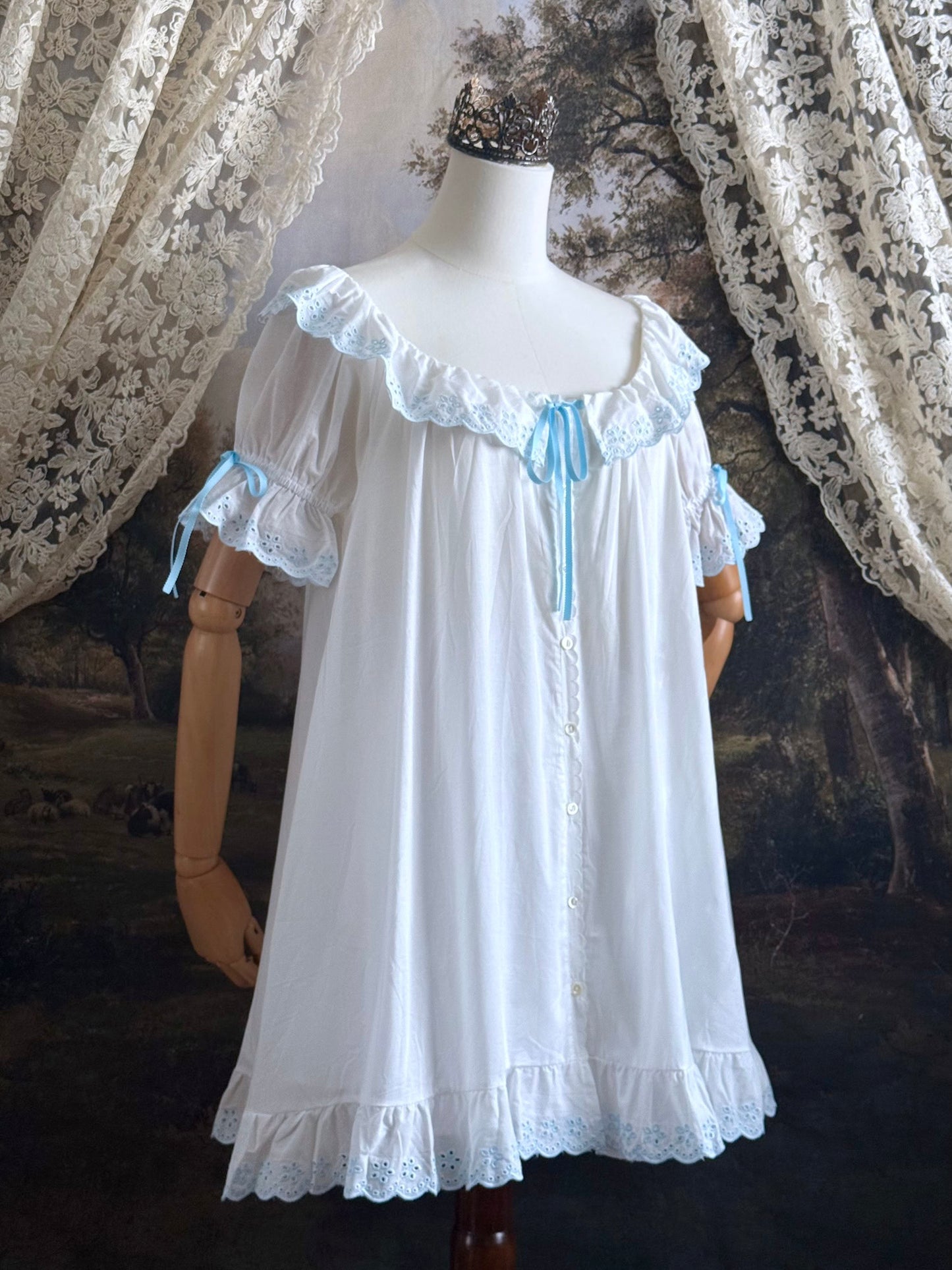 Historically Inspired vintage style Brushed Cotton Chemise Mini babydoll Dress with button up front, White x Light Blue scalloped floral embroidered Lace Trim, ruffle hem, and ruffle collar.