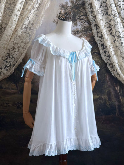 Historically Inspired vintage style Brushed Cotton Chemise Mini babydoll Dress with button up front, White x Light Blue scalloped floral embroidered Lace Trim, ruffle hem, and ruffle collar.