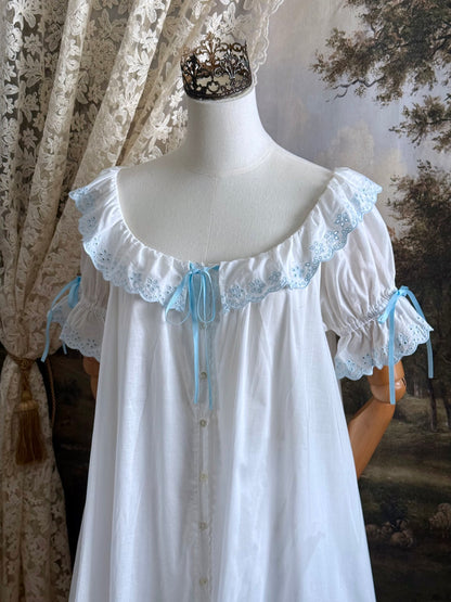 Historically Inspired vintage style Brushed Cotton Chemise Mini babydoll Dress with button up front, White x Light Blue scalloped floral embroidered Lace Trim, ruffle hem, and ruffle collar.
