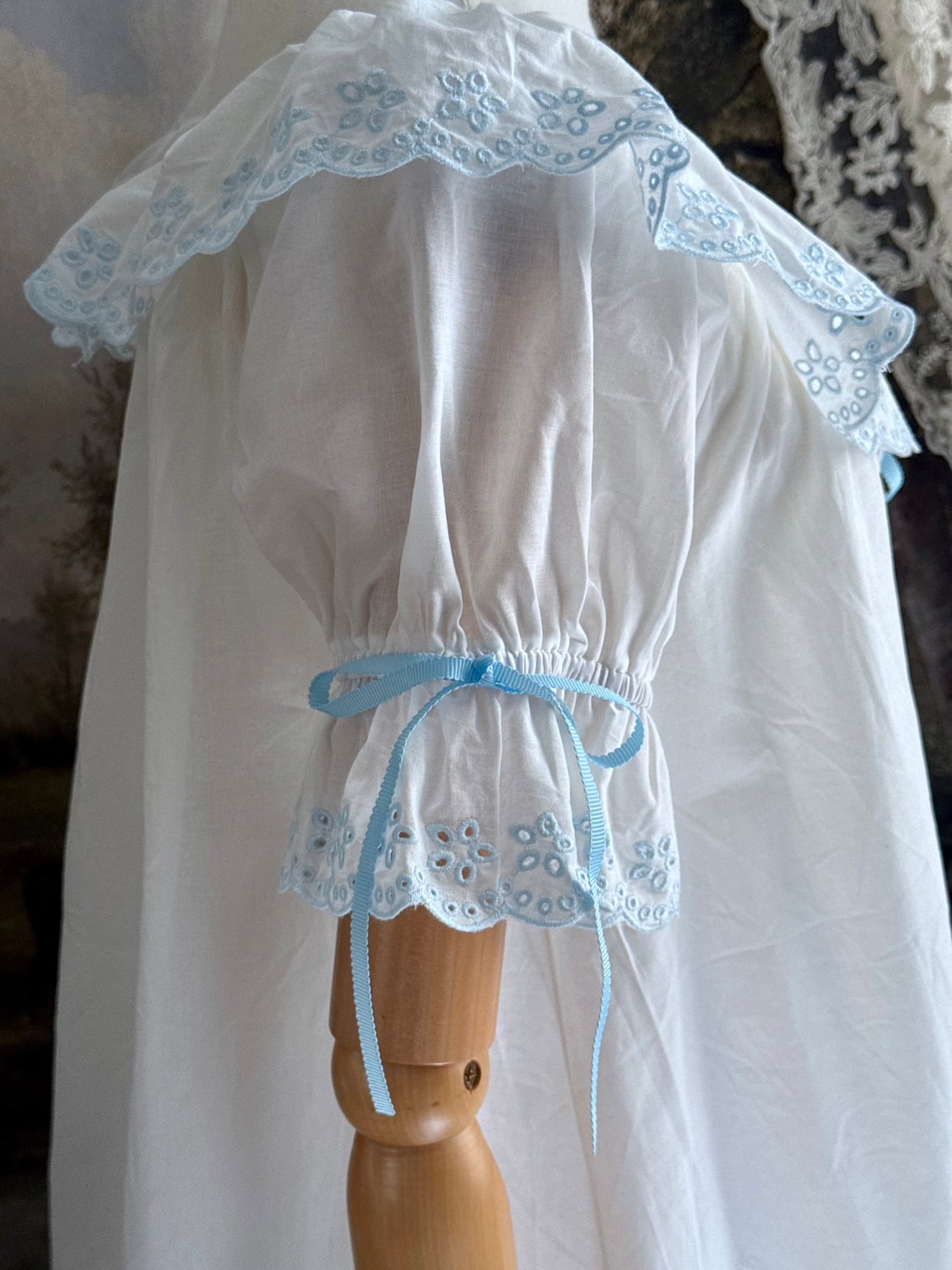 Historically Inspired vintage style Brushed Cotton Chemise Mini babydoll Dress with button up front, White x Light Blue scalloped floral embroidered Lace Trim, ruffle hem, and ruffle collar.