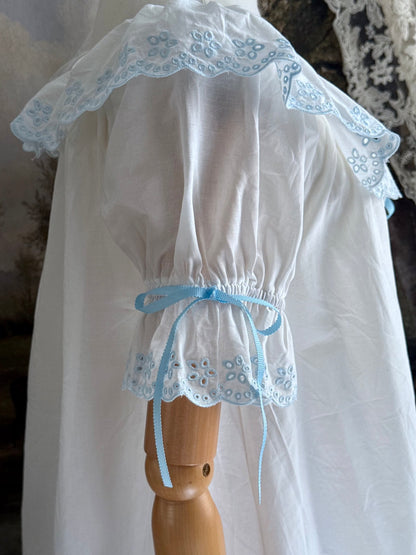 Historically Inspired vintage style Brushed Cotton Chemise Mini babydoll Dress with button up front, White x Light Blue scalloped floral embroidered Lace Trim, ruffle hem, and ruffle collar.
