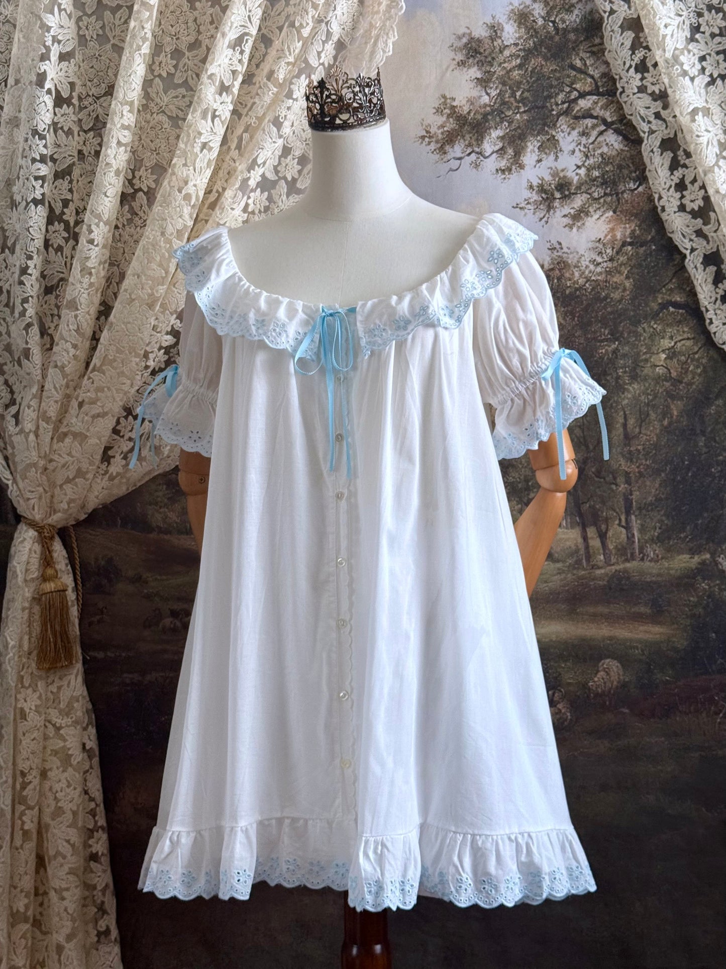 Historically Inspired vintage style Brushed Cotton Chemise Mini babydoll Dress with button up front, White x Light Blue scalloped floral embroidered Lace Trim, ruffle hem, and ruffle collar.