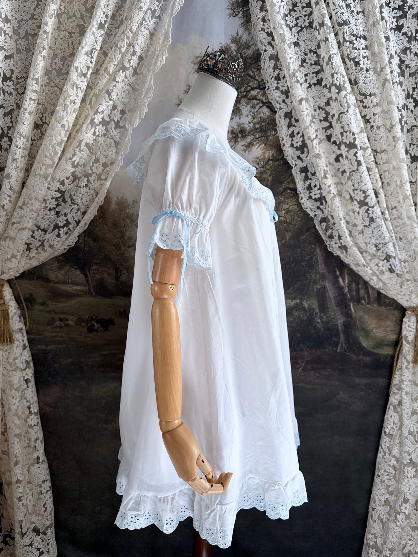 Historically Inspired vintage style Brushed Cotton Chemise Mini babydoll Dress with button up front, White x Light Blue scalloped floral embroidered Lace Trim, ruffle hem, and ruffle collar.