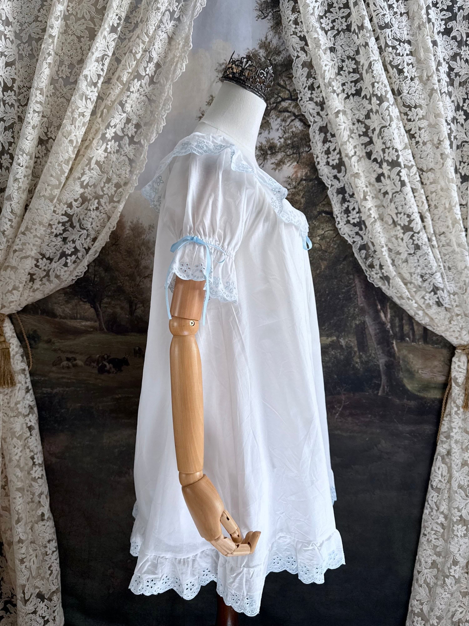 Historically Inspired vintage style Brushed Cotton Chemise Mini babydoll Dress with button up front, White x Light Blue scalloped floral embroidered Lace Trim, ruffle hem, and ruffle collar.