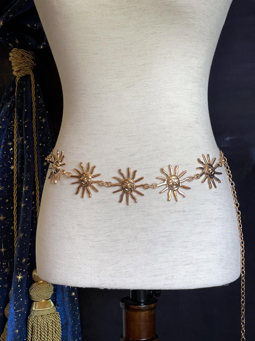 A Historical Fantasy Inspired Celestial Sun Belt in Gold, whimsigoth style accessory chain belt, retro wizard & witchy accessories.