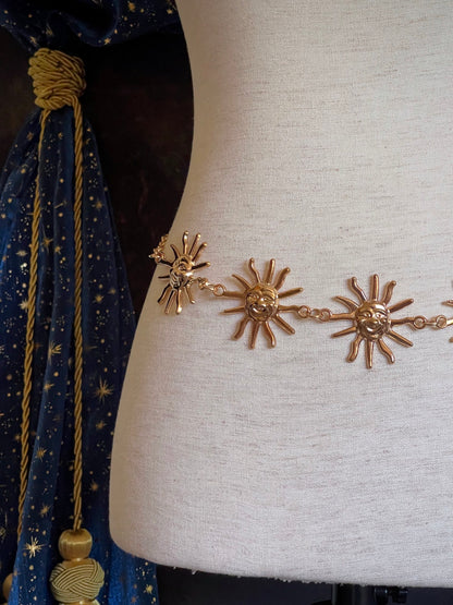 A Historical Fantasy Inspired Celestial Sun Belt in Gold, whimsigoth style accessory chain belt, retro wizard & witchy accessories.