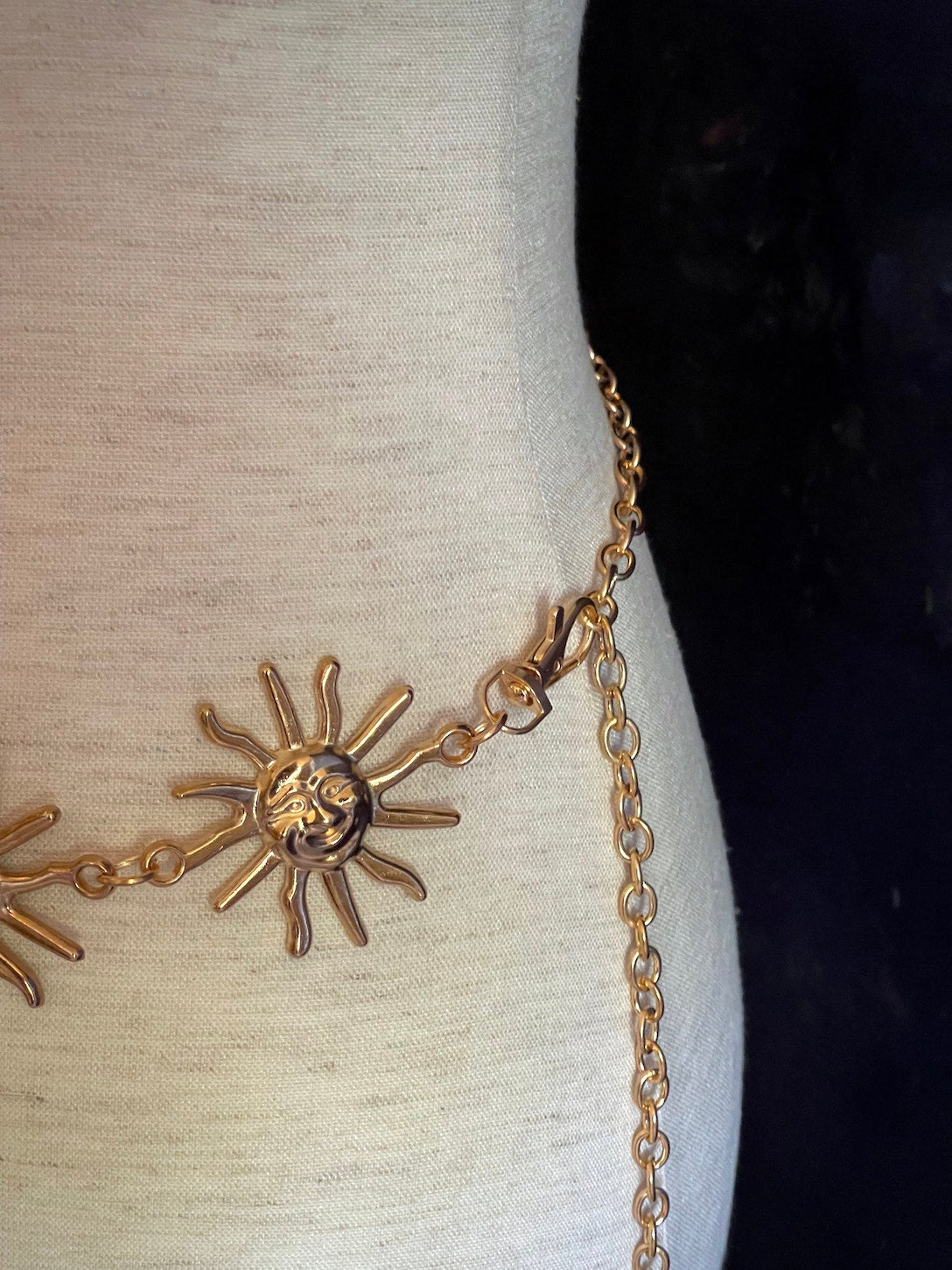 A Historical Fantasy Inspired Celestial Sun Belt in Gold, whimsigoth style accessory chain belt, retro wizard & witchy accessories.
