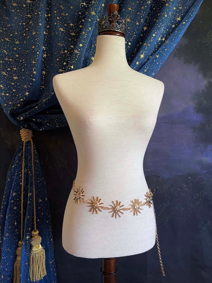 A Historical Fantasy Inspired Celestial Sun Belt in Gold, whimsigoth style accessory chain belt, retro wizard & witchy accessories.