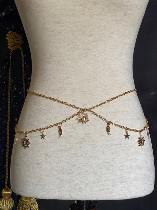 Historical Fantasy Inspired Celestial Charm Layered Chain Belt in Gold, whimsigoth wizard witchy accessory belt sun moon and star charms.