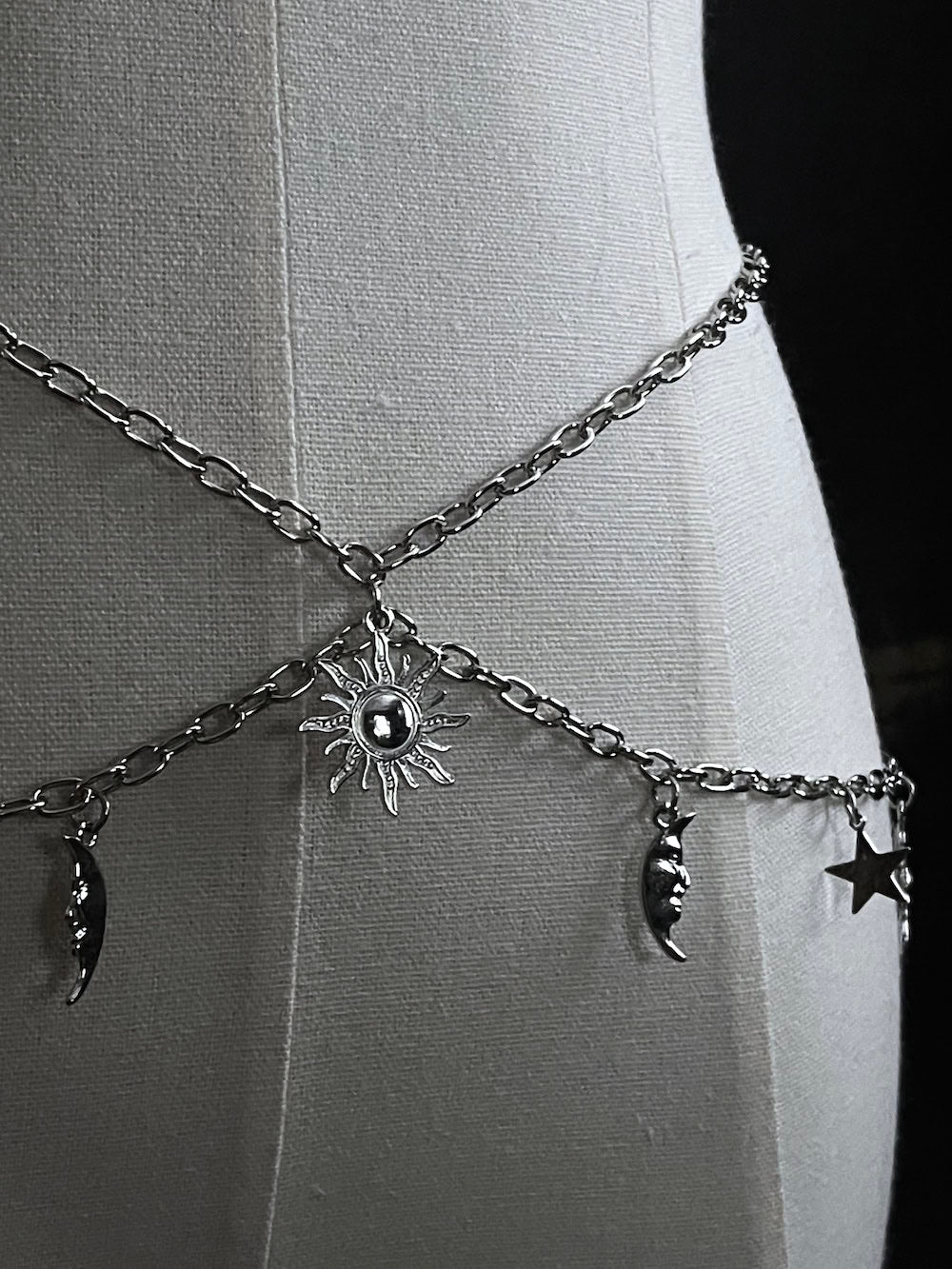 A Historical Fantasy Inspired Celestial sun moon and star Charm Layered Chain Belt in Silver