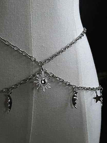 A Historical Fantasy Inspired Celestial sun moon and star Charm Layered Chain Belt in Silver