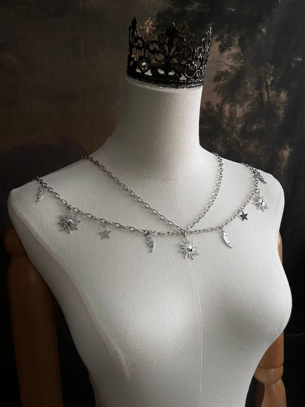 A Historical Fantasy Inspired Celestial sun moon and star Charm Layered Chain Belt in Silver