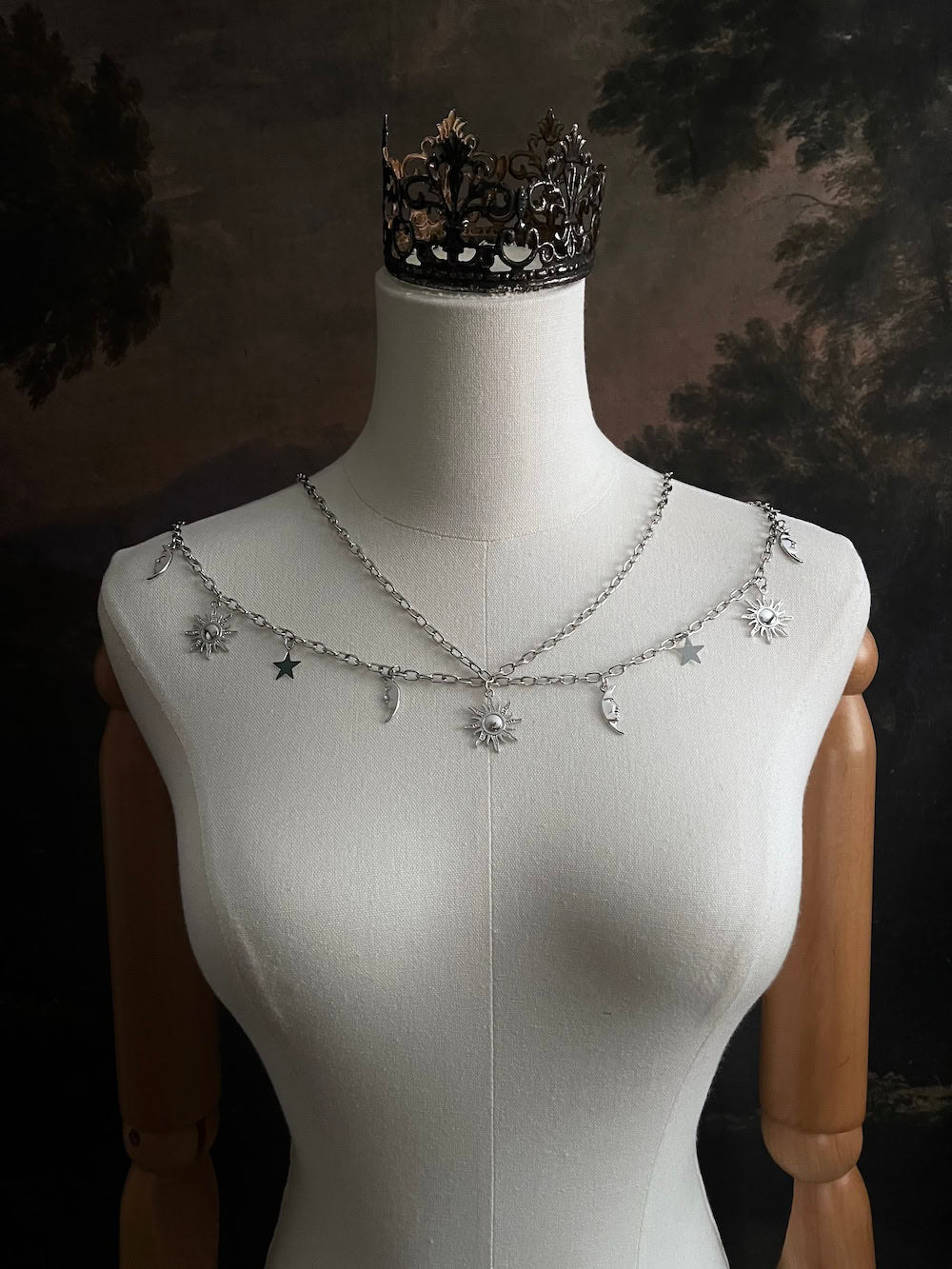 A Historical Fantasy Inspired Celestial sun moon and star Charm Layered Chain Belt in Silver