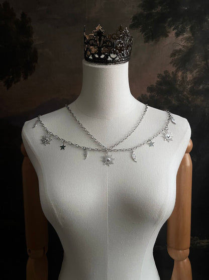 A Historical Fantasy Inspired Celestial sun moon and star Charm Layered Chain Belt in Silver