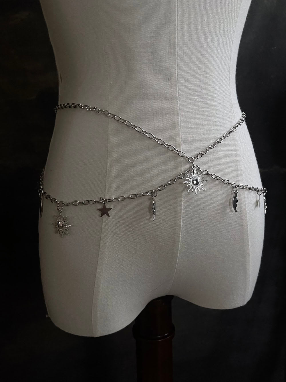 A Historical Fantasy Inspired Celestial sun moon and star Charm Layered Chain Belt in Silver