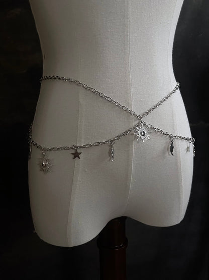 A Historical Fantasy Inspired Celestial sun moon and star Charm Layered Chain Belt in Silver