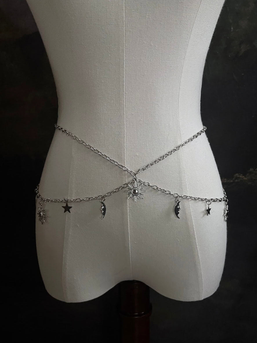 A Historical Fantasy Inspired Celestial sun moon and star Charm Layered Chain Belt in Silver