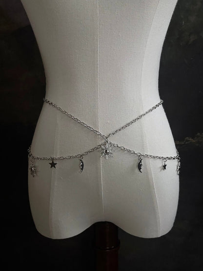 A Historical Fantasy Inspired Celestial sun moon and star Charm Layered Chain Belt in Silver